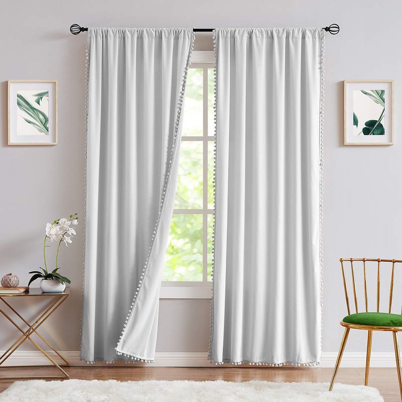 Treatmentex Pompom Grey Velvet Curtains for Bedroom Windows 84" Long Decorative Room Darkening Curtains for Living Room Light Grey 42" w x 2Panels - Image 2